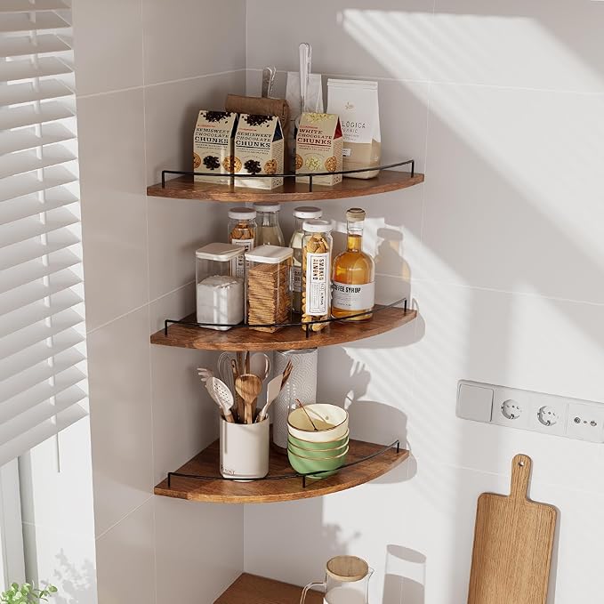 JJL Corner Shelf Wall Mounted, 12 Inches 3-Tier Floating Corner Shelf, Fan-Shaped Rustic Wood Decor with Fence, Brown Storage Organizer for Apartment Bedroom Kitchen Bathroom