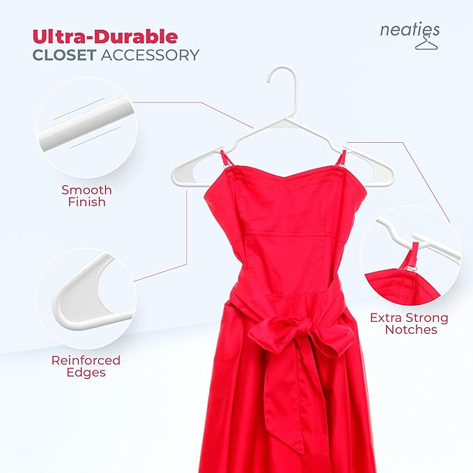 Neaties Plastic Hangers 100 Pack - Made in The USA - 6lb Capacity Standard Clothes Hangers with Notches and Reinforced Edges for Dresses, Lingerie, Shirts, Pants, and Jackets - Gray
