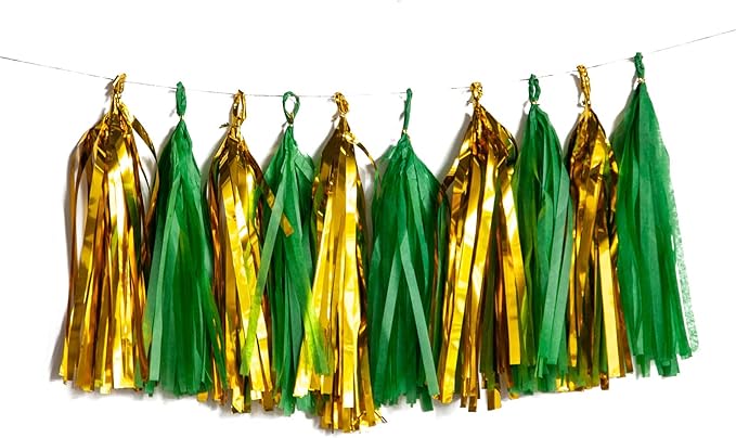 Green and Gold Tassel Garland Paper Tissue Tassels Garland for Party Decorations, Pack of 20