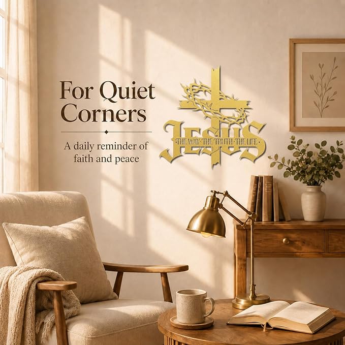 Jesus Wall Art Cross Wall Decor with Crown of Thorns - Metal Christian Wall Art "The Way The Truth The Life" Sign, Gold Iron Religious Wall Art & Christian Wall Decor for Home Living Room Church-Gold