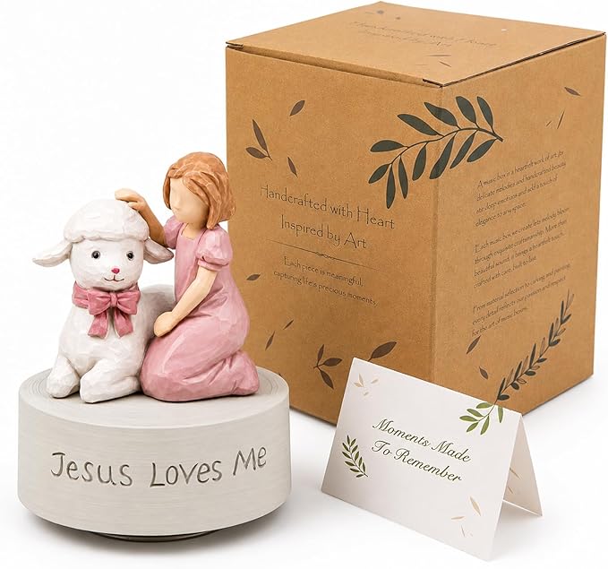 AIDLNS Jesus Loves Me Music Box, Christian Baptism Gift for Girls, Hand-Painted Lamb Figurine, Religious Keepsake for Christening, First Communion, Easter, Christmas, Granddaughter & Goddaughter Gift