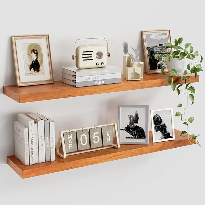 Vivelove Solid Wood Floating Shelves 36 Inches Long, 8”Deep x 1.4” Thick Wall Shelves for Bathroom, Living Room, Kitchen, Bedroom, Office, Rustic Farmhouse Home Decor, Set of 2 - Honey Oak