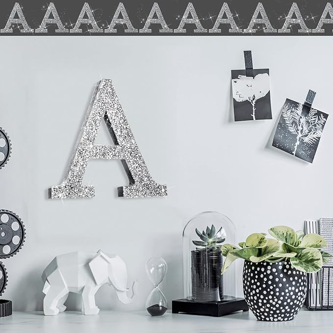 Qunclay 12'' Silver Crystal Diamond Bling Letters Crushed Diamond Decoration Wooden Glitter Letter with Screw and Hooks Rhinestone Gift for Wedding Y2k Mcbling Bedroom Wall Decor (Letter A)