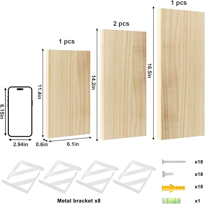 YGEOMER Floating Shelves for Wall, Different Sizes Natural Wood Wall Shelves for Living Room, Bathroom, Bedroom, Kitchen, Home Decor (Set of 4)