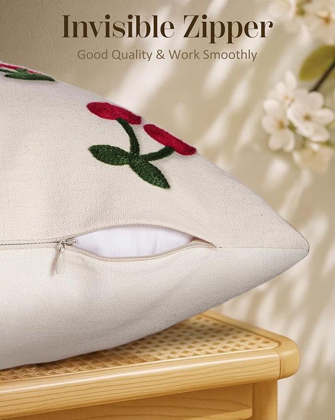 Embroidered Throw Pillow Cover 18x18 Inch - Spring Summer Boho Decorative Pillow Cover with Zipper for Living Room Couch Sofa Bed Aesthetic Design Little Cherry Cushion Pillowcase