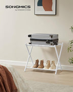 SONGMICS Luggage Rack for Guest Room, Suitcase Stand with Storage Shelf, Steel Frame, Foldable for Easy Storage, Hotel, Bedroom, Cloud White URLR003W01