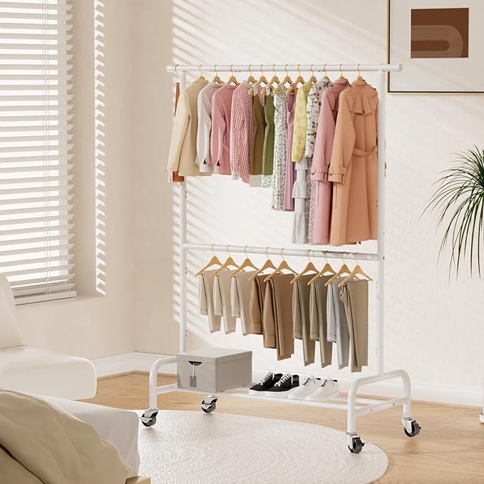 Abiglifty 2 Tier Clothes Rcks for Hanging Clothes, Heavy-Duty Clothing Rack with Wheels,150LBS Capacity, 42" W X15 D X 77" H Garment Rack with Bottom Shelf, for Bedroom, Living Room, White