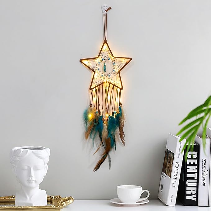 Dream Catcher Star Design Handmade Dreamcathers,Traditional Feather Dreamcatcher Hanging Home Wall Decoration Craft Ornament Native American Style Dream cathers, Brown