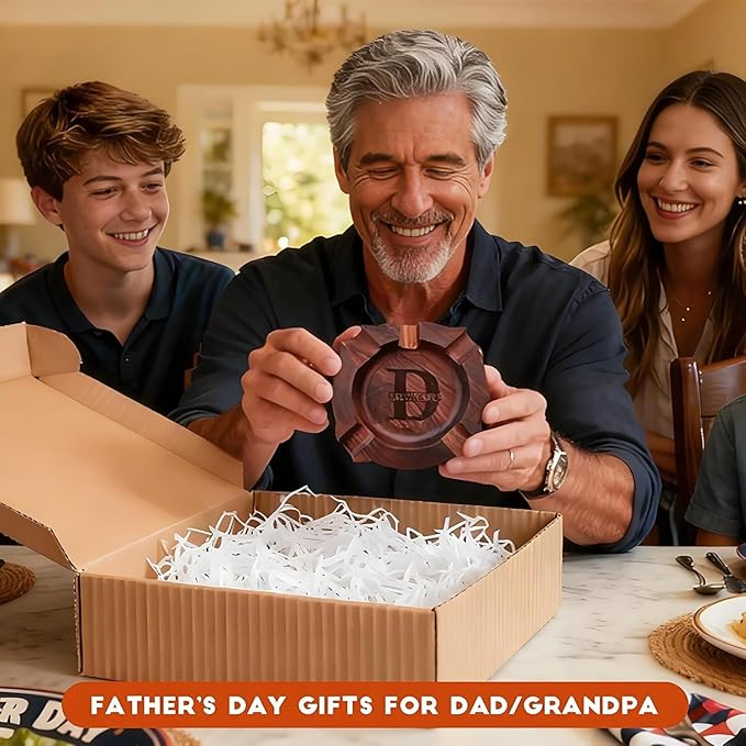 Fathers Day Birthday Gift, Cigar Ash Tray Set for Men Home Ashtrays With Engraved Name Personalized Walnut Wooden Outdoor Cigar Ash Tray for Husband Dad Grandpa Valentine's Day Christmas
