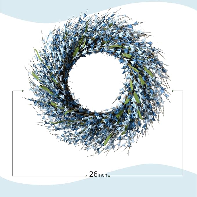 26 Inch Spring Wreaths for Front Door, Large Artificial Forsythia Flowers Wreath, Spring Summer Floral Wreath All Season for Home, Wall, Window, Porch, Wedding, Farmhouse Decor (Blue)