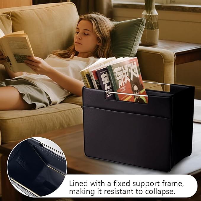 Leather Magazine Holder Foldable with Handles，Stable Magazine Rack Floor，Magazine Basket File Holder Storage，Document File Folder Organizer Free Standing for Office Living Room (black)