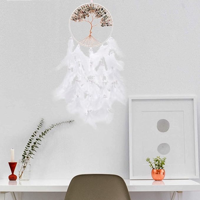 Pretty Jolly Pure White Tree of Life Dream Catcher Wall Decor with Healing Crystal Stone Handmade Feather Dream Catchers Decoration Wall Hanging Bedroom Living Room Wedding Party Home Decor-25.6"