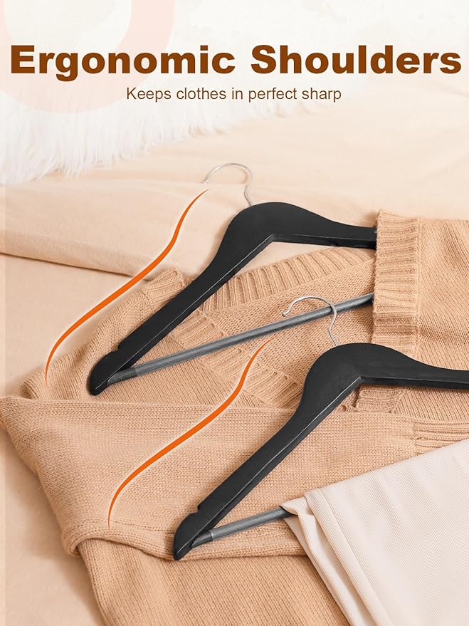HOUSE DAY Black Wooden Hangers 10 Pack, Solid Wood Hanger with Non Slip Pant Bar, Heavy Duty Wooden Coat Hanger for Closet, Smooth Finish Wood Clothes Hangers for Shirts, Suits, Jackets, Dress
