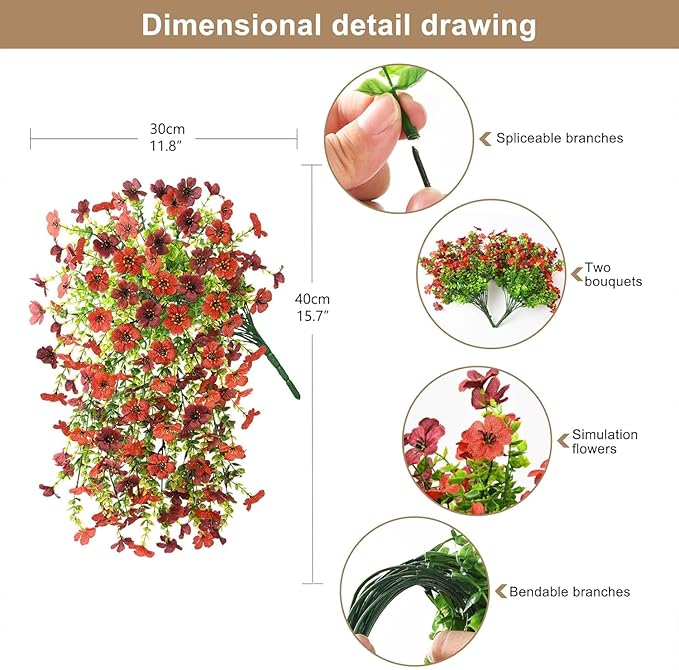 Artificial Hanging Flowers for Outdoors Spring Decoration, 2PCS Silk Fake Daisy Realistic Outdoor Flowers UV Resistant Porch Patio Window Yard Decor (Red Brown)