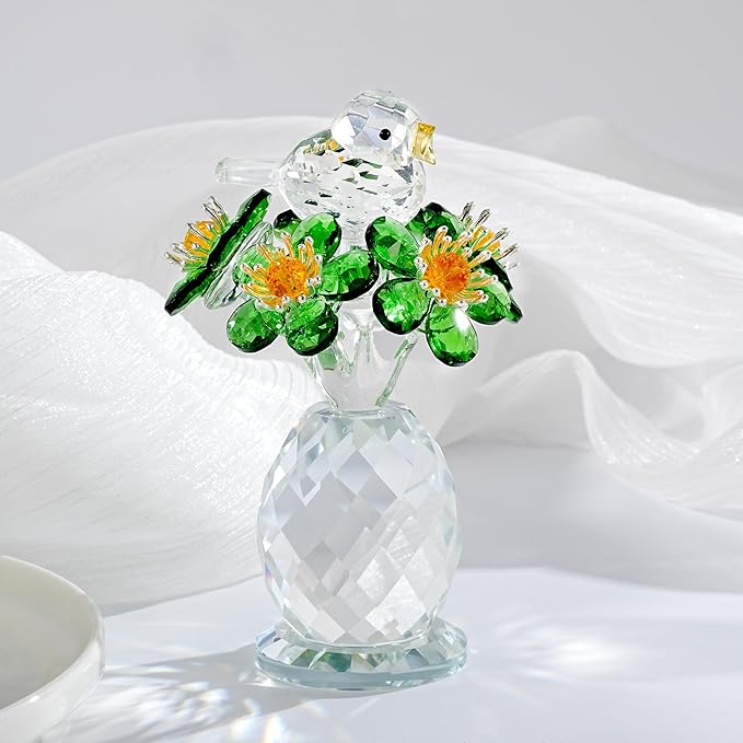 Crystal Bird & Forget-Me-Not Flower Figurine,3x4 inch Glass Flower Collectible Ornaments for Home Decor Table Centerpiece Glass Bouquet Flowers Keepsake Gifts for Women （Green）