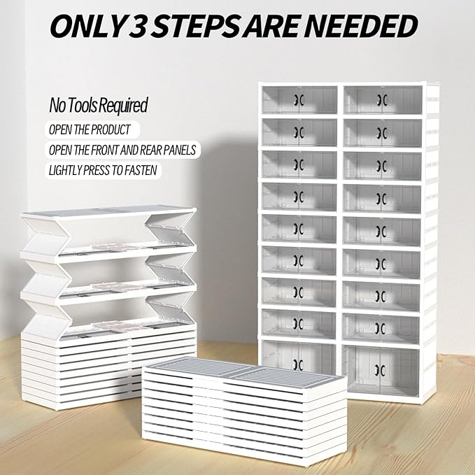 GCCSJ 9-Tier Foldable Shoe Rack Organizer, Plastic Collapsible Shoe Shelf, Folding Shoe Box Storage Cabinet with Magnetic Clear Door Easy Assembly (White, 9 Tiers 36 Pairs)