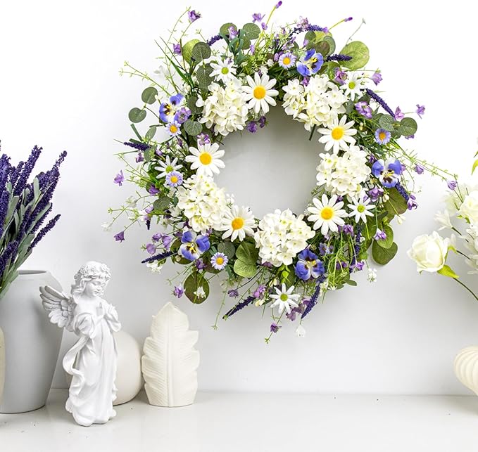 22 Inches Summer Wreaths for Front Door Spring Flower Wreath Farmhouse Spring Floral Wreaths Country Summer Door Wreath with Phalaenopsis Orchid Hydrangea Sunflower for Window Wall Porch Decoration