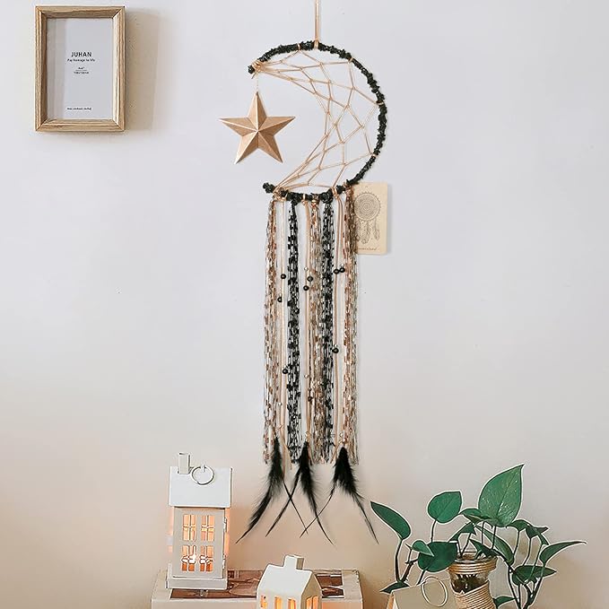 Dremisland Moon Dream Catcher Handmade Half Circle Moon Design Dream Catcher Feather Hanging with Star Home Decoration Ornament Festival Gift (Brown)