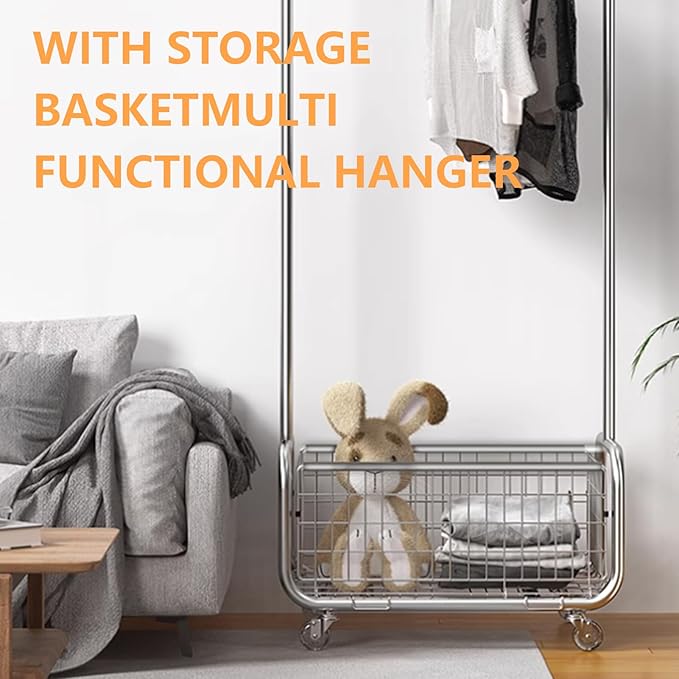 Garment Rack With Storage Baskets,Clothing Rack for Hanging Clothes, Multi-functional Bedroom Clothes Rack with Wheels for Bedroom, Living Room, Easy Assembly (40inch lenght)