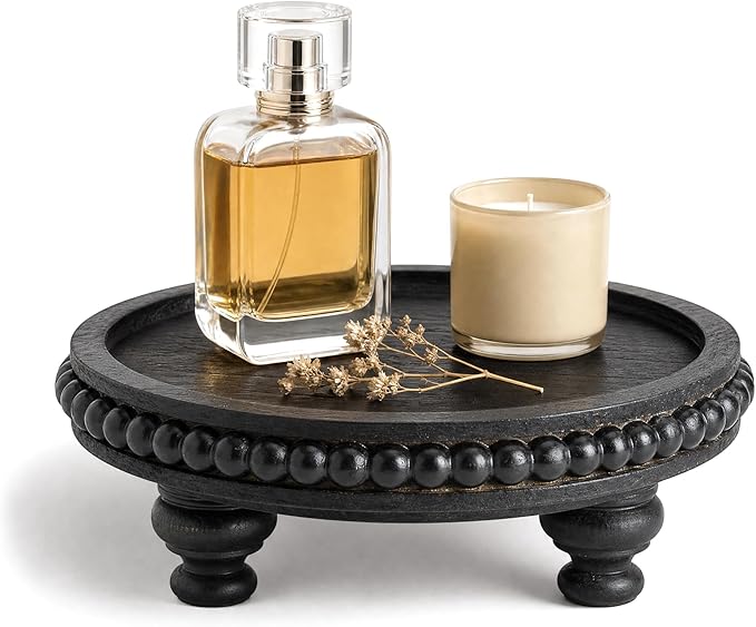 EOSAHR Pine Round Wood Riser with Beaded for Home Decor - Rustic Decorative Tray for Entryway Table - Riser Display Stand for Bathroom & Kitchen Counter (Black)