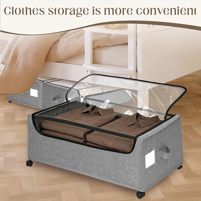 Under Bed Storage with Wheels, 2 Pack Under Bed Storage Containers, 10.6 inches Tall Underbed storage bins on Wheels, Rolling Under the Bed Metal Drawers for Clothes, Blankets, Shoes (XXXL, 90L)