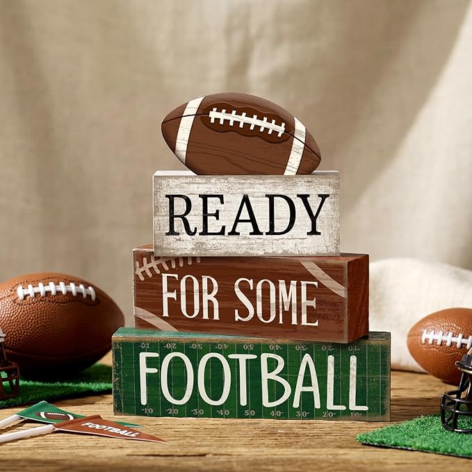 Yuntau 4 Pcs Football Fall Table Decoration Happy Football Wooden Block Sign Rugby Tiered Tray Decor Centerpiece Decorative Faux Book Stack for Holiday Tabletop Fireplace Shelf Desk Party Decor