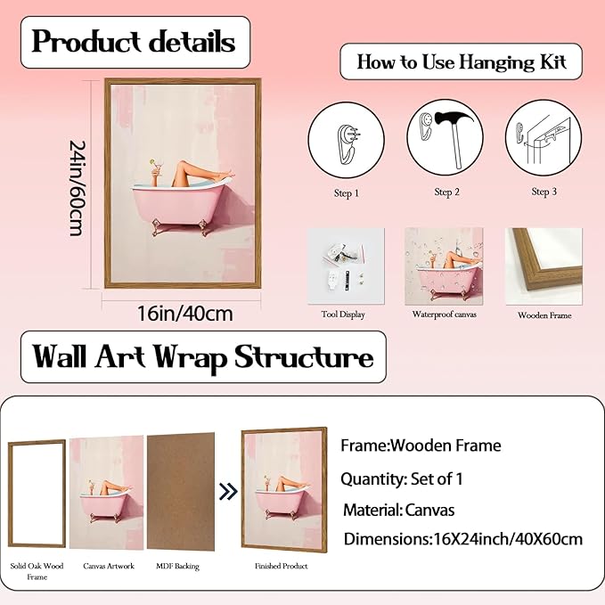 Funny Pink Girl Bathroom Wall Art, Cute Girly Bathtub Wall Decor Painting Trendy Pastel Woman and Martini Bathroom Poster Canvas Print Artwork 16x24 inch Framed