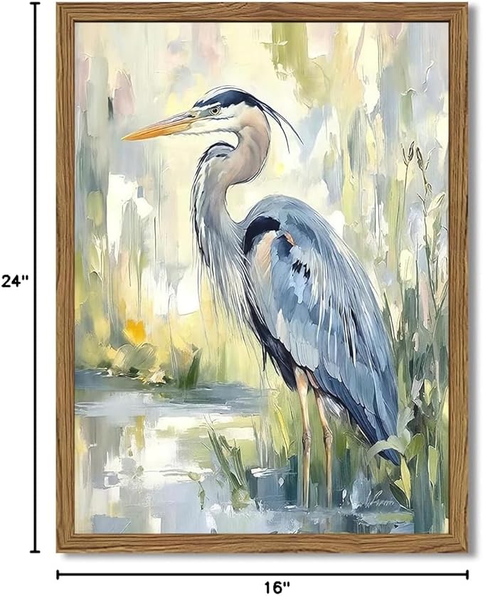 Framed Blue Heron Wall Art, Watercolor Sea Bird Pictures Wall Decor, Coastal Nature Wildlife Animal Paintings Canvas Prints for Living Room Bedroom Bathroom Office Home Decor 16x24 inch