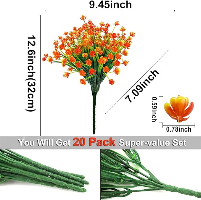20 Bundles Artificial Flowers for Outdoors Spring Summer Decor-UV Resistant Fake Mums Faux Plants Plastic Flowers Greenery for Home Porch Gardens Fireplace Patio Indoor Outsides Decor(Orange Red)