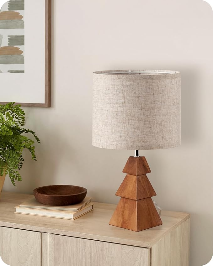 Wood Table Lamp, Wood Bedside Lamp with Tree-Shaped Base & Linen Lampshade, Modern Cute Desk Lamp for Living Room, Bedroom, E26 Base, Bulb Not Included, Beige and Dark Natural LE08TL05