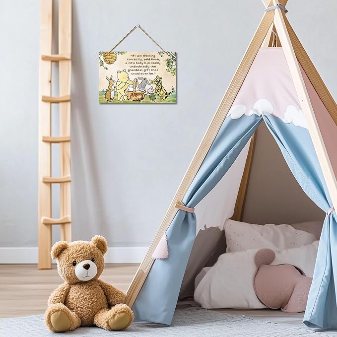 Hatzelou 1PCS Classic Winnie Baby Shower Centerpiece, Winnie Quotes Wall Hanging Sign, the Pooh Wall Sign Gifts, Adorable Winnie Sign for Home Bedroom Nursery, Perfect for Baby Shower Party Decor