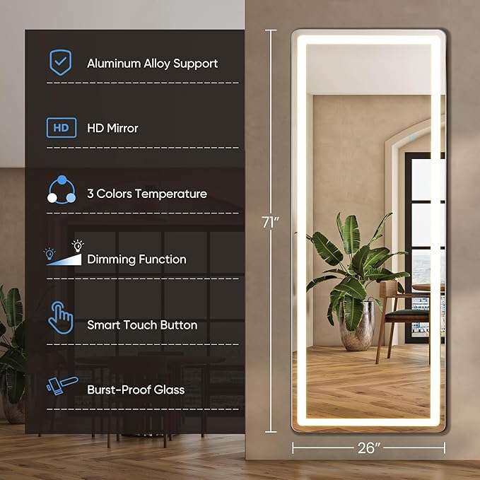 DUMOS LED Full Length Mirror, 26"x70" Full Body Floor Standing Mirror with 3 Color Lights & Wall Mounted for Bedroom, Dressing Room, Living Room, Bathroom