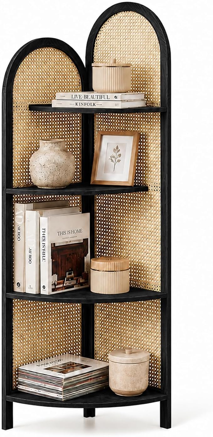 4 Tier Farmhouse Corner Shelf, 70" Tall Pine Wood and Rattan Corner Bookshelf for Small Spaces, Freestanding Display Shelf for Living Room, Bedroom, Bathroom, Kitchen, Black