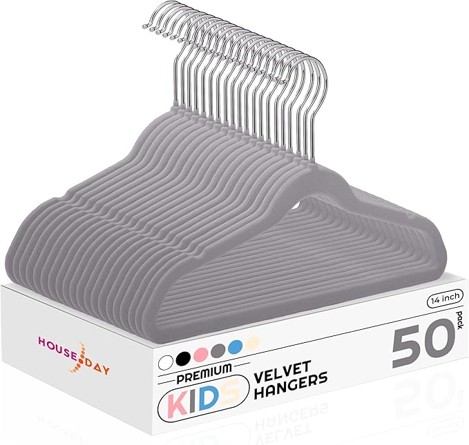 HOUSE DAY 14 Inch Kids Velvet Hangers 50 Pack, Durable Big Kid Hangers for Youth, Teen, Non Slip Kids Felt Hanger, Cute Childrens Hanger for Closet, Grey
