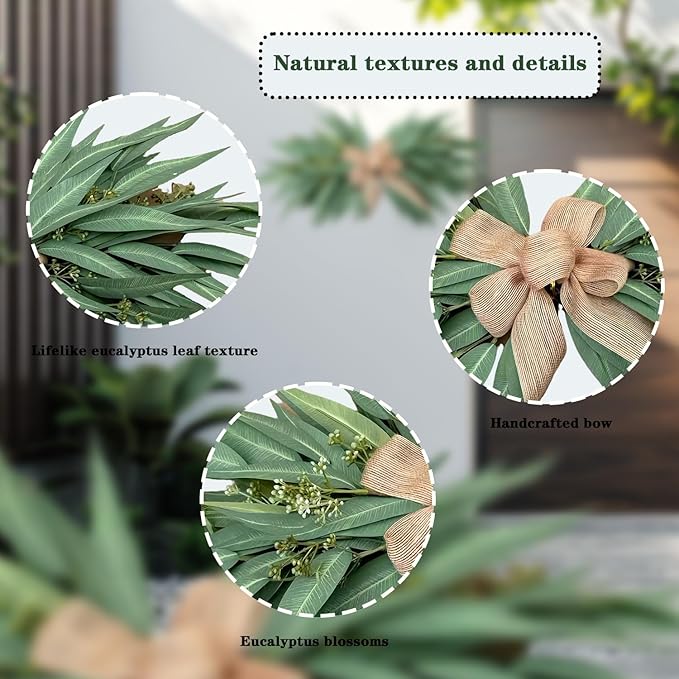 24 Inch Artificial Eucalyptus Greenery Swag with Rustic Linen Bow, Farmhouse Mantel & Wall Decor for Spring, Summer and Year-Round Home or Wedding Decoration（2pcs