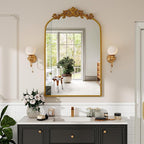 VooBang Vintage Arched Bathroom Mirror, 24x36 Inch Retro Wall Mounted Vanity Mirror with Carved Pattern Top and Metal Frame, Gold Decorative Mirror for Hanging or Leaning