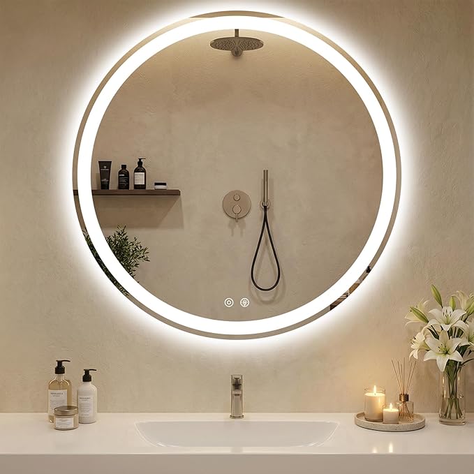 DUMOS 36 Inch Round LED Bathroom Mirror with Lights, Circle Vanity Mirror with Anti-Fog, Dimmable, 3-Color Light, Front Light and Backlit, Memory Function, Tempered Glass