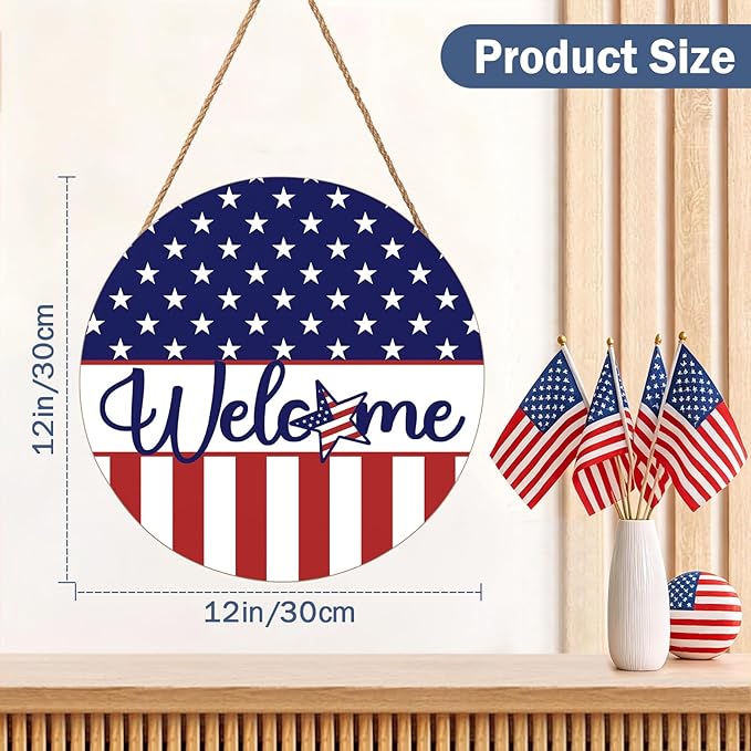 Harooni 4th of July Welcome Sign Memorial Day Door Hanger 12x12 Inch American Flag Star Wreaths for Front Door Decor American Patriotic Independence Day Hanging Sign for Home Wall Window Porch Outdoor