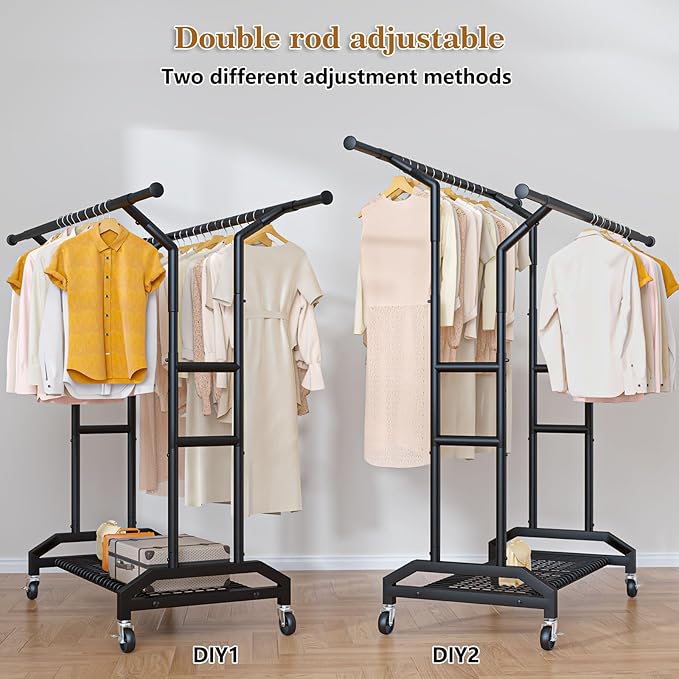 Heavy Duty Clothes Rack Double Clothing Rack 450lbs Capacity 3" Industrial Wheels 51"-71" L X 19.7" D X 73"-79" H Stury Rolling Clothes Rack Adjustable Rolling Garment Rack Black