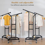Heavy Duty Clothes Rack Double Clothing Rack 450lbs Capacity 3" Industrial Wheels 51"-71" L X 19.7" D X 73"-79" H Stury Rolling Clothes Rack Adjustable Rolling Garment Rack Black