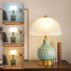 Table Lamps Ceramic Retro Lamp for Living Room,15.7" Modern Bedside Nightstand Traditional Lamps, Classic Chinoiserie Green Glass Lamp for Home (Retro)