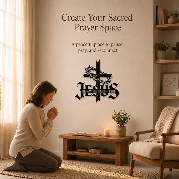 Jesus Wall Art Cross Wall Decor with Crown of Thorns - Metal Christian Wall Art "The Way The Truth The Life" Sign, Black Iron Religious Wall Art & Christian Wall Decor for Home Living Room Church(15.7"L x 15.2"W)