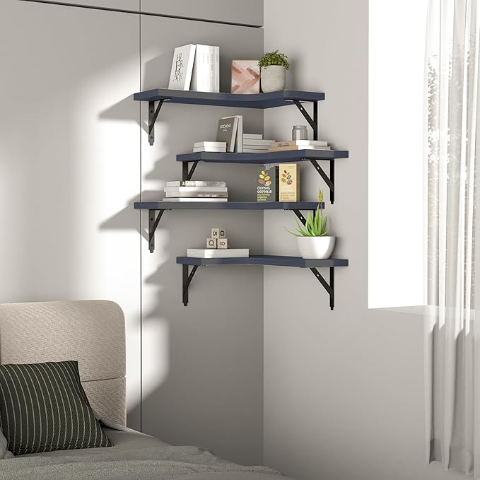 ROMGUAR CRAFT Corner Floating Shelves Wall Mounted Set of 4, Rustic Wood Storage Display Shelves for Home Decor, Bathroom, Kitchen, Bedroom, Living Room, Office (Grey)