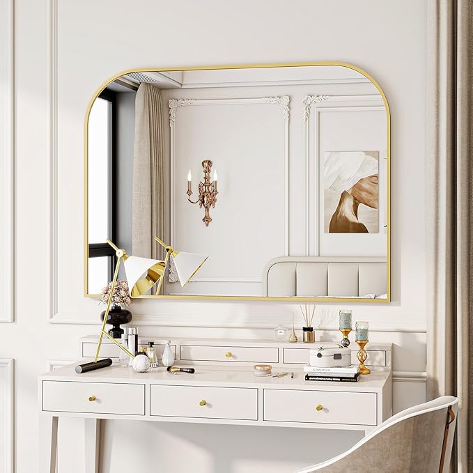 Gold Wall Mounted Bathroom Mirror - 38 x 30 Inch Round Cruved Top Right Angle Bottom Wide Wall Mirror, Aluminum Metal Framed, Decor for Living Room, Bedroom, Fireplace, Mantle, Entryway