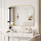 Gold Wall Mounted Bathroom Mirror - 36 x 24 Inch Round Cruved Top Right Angle Bottom Wall Mirror, Aluminum Metal Framed, Decor for Living Room, Bedroom, Fireplace, Mantle, Entryway