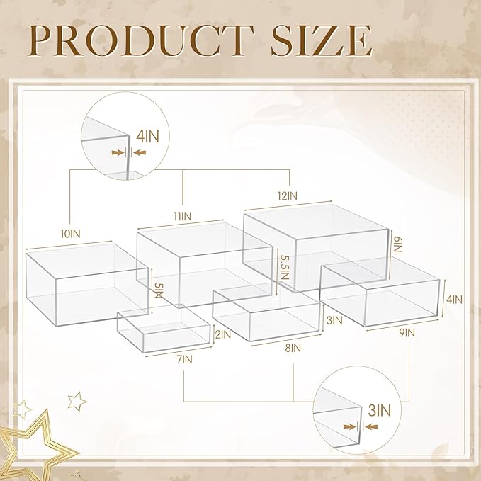 Geelin 6 Pack Acrylic Risers for Display Acrylic Cube Boxes Risers Display Stands with Hollow Bottoms Decorative Stand for Jewelry Candy Table Decor 6 Sizes(Clear,7 to 12 Inch,Square)