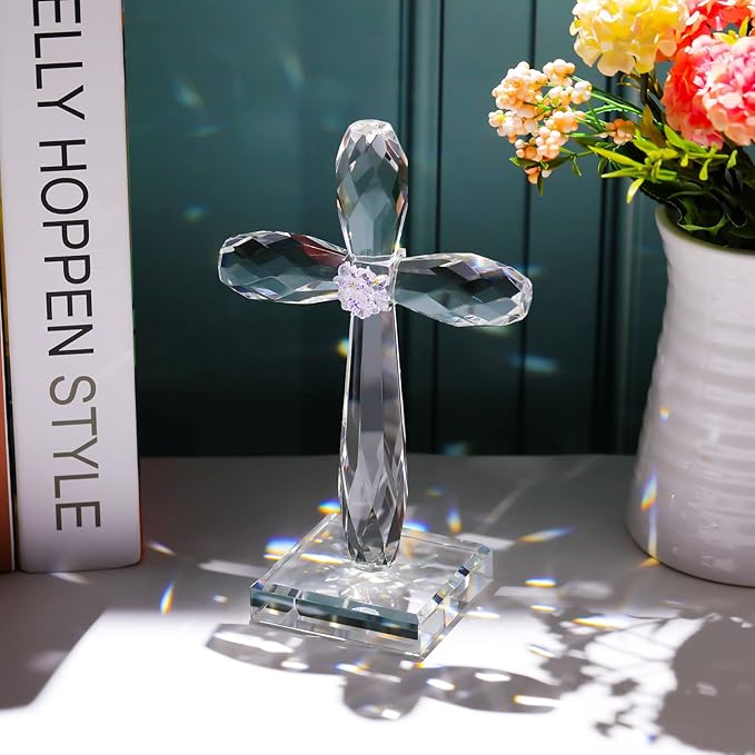 YWHL Crystal Standing Cross Decor, Religious Easter Gifts for Women Men, Handmade Glass Holy Cross Collectible Figurines for Home Decoration, Christmas Decoration for Pary