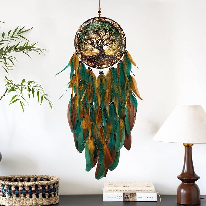 Dream Catcher Wall Hanging Decor for Bedroom Aesthetic, Handmade Traditional Wall Art with Feathers for Living Room, Nursery, Good Vibes Gift for Women,Girls,Home Decoration Wedding Party (Old Tree)