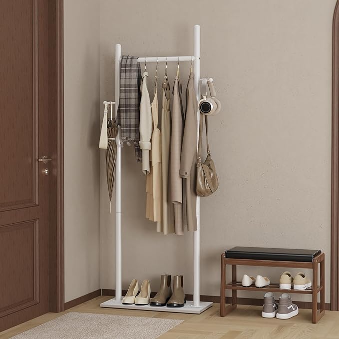 Nianerfaya Coat Rack with 2 Hooks, Standing Garment Storage for Indoor - Coat Tree for Hanging Clothes for Bedroom - 19.7" Wide Heavy Duty Clothe Rack Metal Clothing Hanger Rack (White)