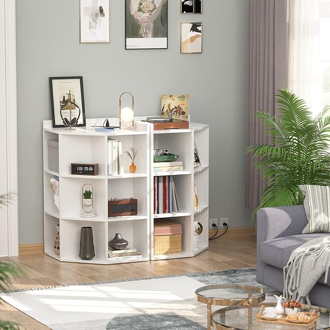 Aheaplus Corner Cabinet, White Corner Storage with USB Ports and Outlets, Corners Cube Toy Storage for Small Space, Wooden Cubby Corner Bookshelf with 9 Cubes for Bedroom, Living Room, Office, White
